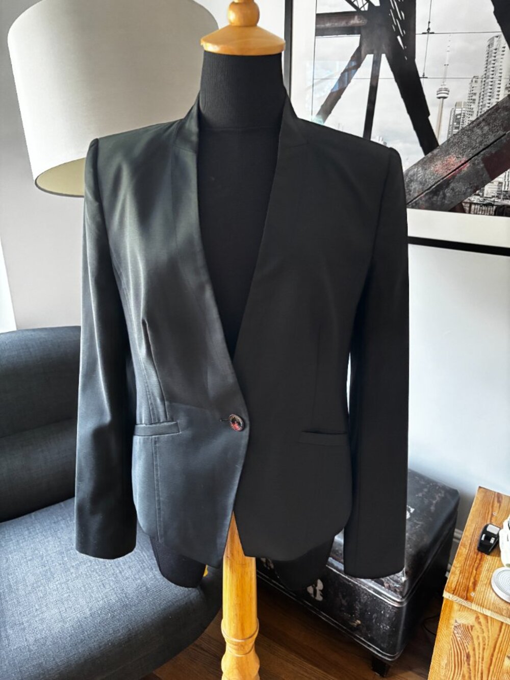 Ted Baker Black Wool Blend Collarless Equestrian Blazer Jacket TB sz 3 (8 US)